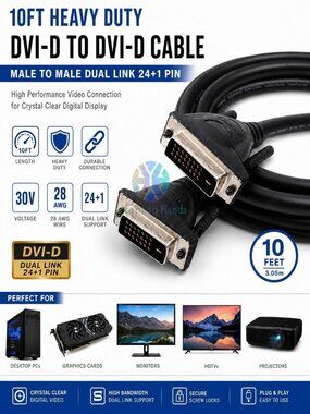 DVI-D to DVI-D Cable Male/Male Dual Link 24+1 Pin PC HDTV Monitor Display Cord